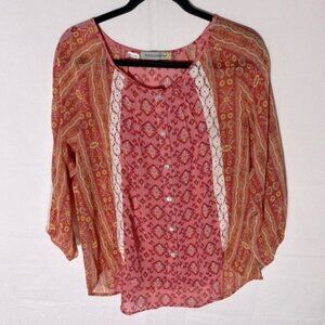 Figueroa And Flower Orange Link Multi Print Semi Sheer Long Sleeve Boho Blouse M